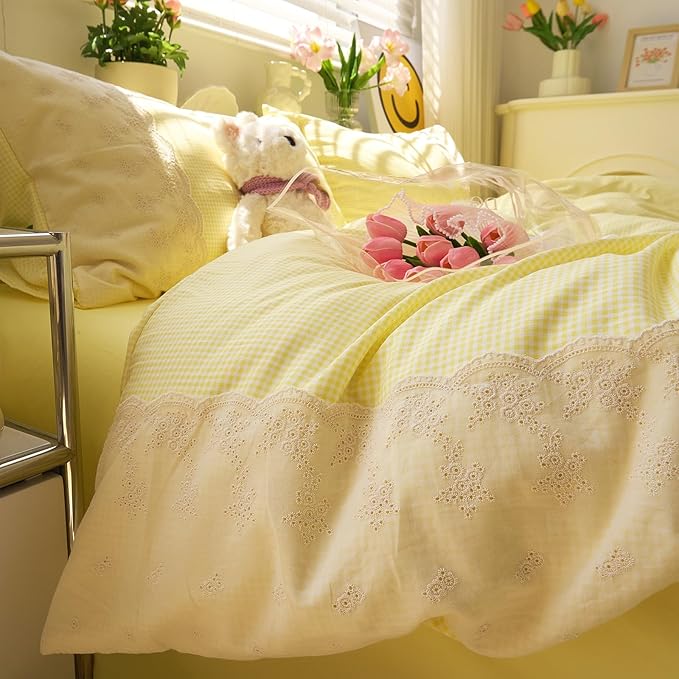 LifeTB Yellow Gingham Duvet Cover Twin XL 3 Pieces Romantic Lace Comforter Cover Super Soft Cream Yellow Grid Duvet Cover Farmhouse Plaid Checkered Comforter Cover Grid Gingham Bedding Set