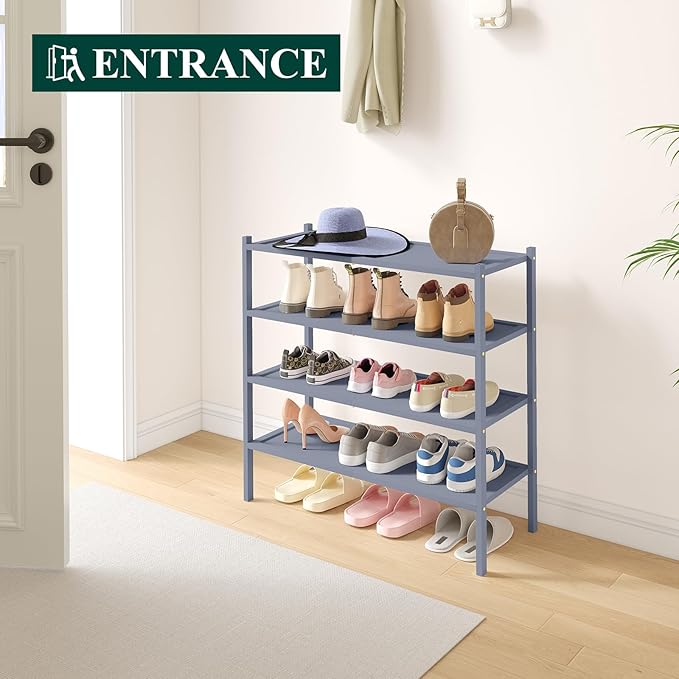Smiry Bamboo Shoe Rack, 4 Tier Shoe Organizer for Entryway & Closet, Stackable Free Standing Storage Shelf for Shoes, Bags & Plants, Grey