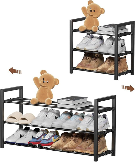 HDDTTZ 3-Tier Expandable Shoe Rack, Adjustable Shoe Shelf Storage Organizer Heavy Duty Metal Free Standing Shoe Rack for Entryway Closet Doorway (Black)