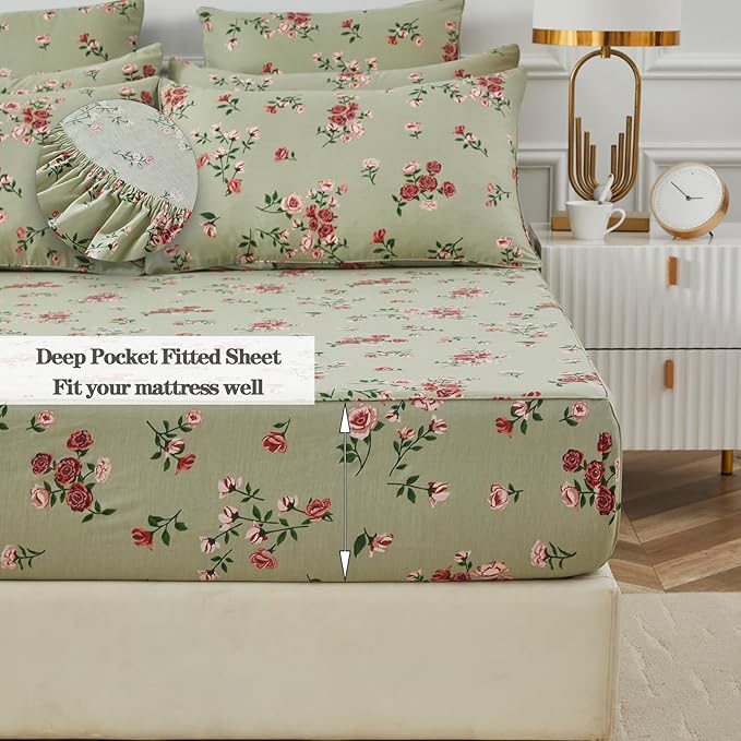 FADFAY Cal King Size Sheet Set 100% Cotton Sage Green Bed Sheets, French Country Red Rose Floral Pattern, Soft Cool Luxury Bedding, Shabby Vintage Style, 4 Pieces Deep Pocket Fitted Sheet
