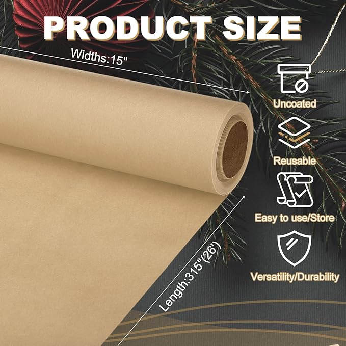 PATIKIL Wrapping Paper, 15"x315"(26') Bulletin Board Paper Roll Kraft Paper Roll Construction 80GSM for Shipping Packing Gift Wrapping Craft Flower Bouquet Christmas, Brown