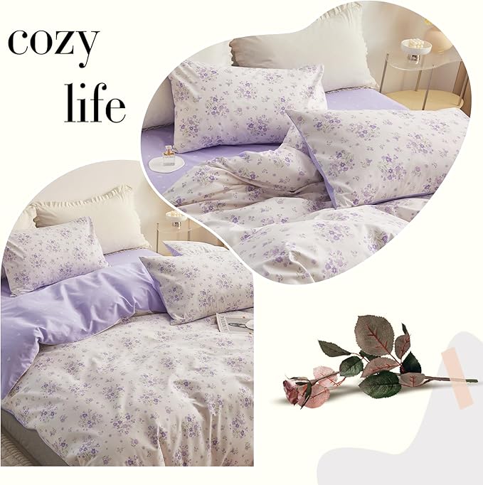 LifeTB Purple Flower Duvet Cover Full 100% Cotton Girls Floral Comforter Cover Vintage Style Botanical Flower Boho Floral Cottagecore Comforter Cover with 2 Pillowcases