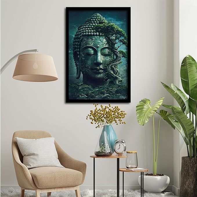 Buddha statue wall art canvas wall decor aesthetic picture mystical nature art for tranquil home and spiritual space 16x24in Metal blackFramed