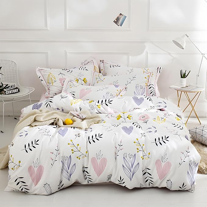 HighBuy Girl Comforter Sets King White Pink Floral Bedding Comforter Set King 3 Piece Flower Comforters Fluffy with 2 Pillowcases,Cottagecore Botanical Bedding Comforter Sets