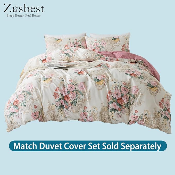 Zusbest Full Floral Bed Sheets, Soft 100% Cotton Pink & Cream Sheets, Shabby Vintage Chic Peony Flower Printed Paisley Bed Set, Breathable Luxury Bedding 4 Piece Deep Pocket 17.5‘’