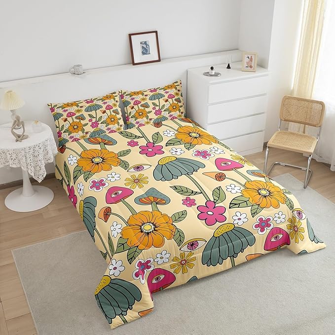 Castle Fairy 70s Retro Floral Comforter Set Full Size,Hippie Flowers Leaves Bedding Comforters for Girls Teens,Cartoon Eyes Mushroom Down Comforter with 2 Pillowcases,Chic