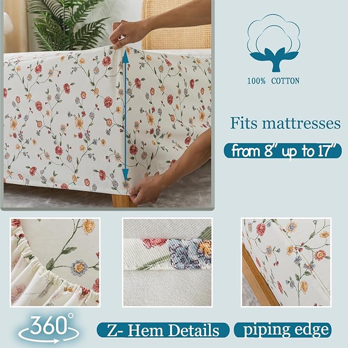 Zusbest King Size Sheets 100% Percale Cotton Off White Floral Bed Sheet Set, Brushed for Extra Softness, Breathable Luxury Flannel Sheets Like Pink Flower Print Deep Pocket Bed Set 17.5'' 4 Pcs