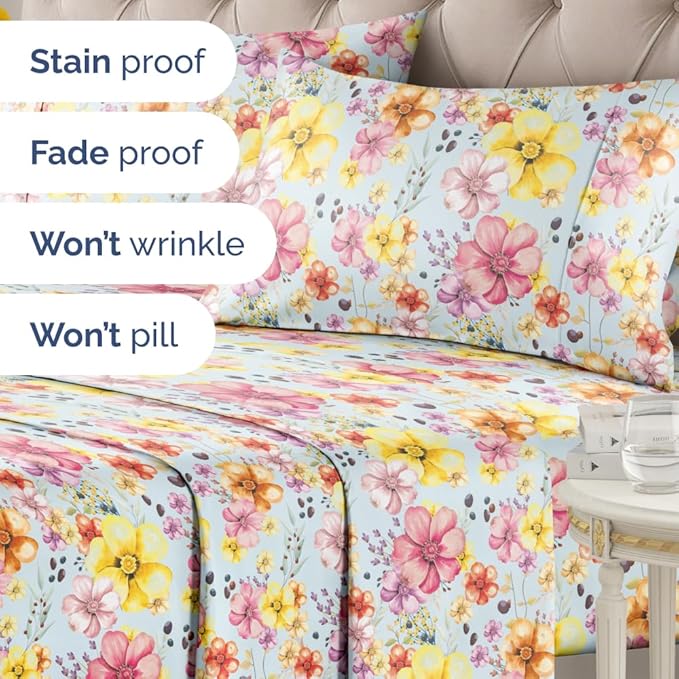 Floral Sheets - Watercolor Floral Bed Sheet Set - 1 Flat, 1 Fitted & 2 Pillowcases w/ Deep Pockets - Wrinkle & Fade Free - Boho Botanical Bedding - Ultra-Soft, Breathable and Cooling - King Size