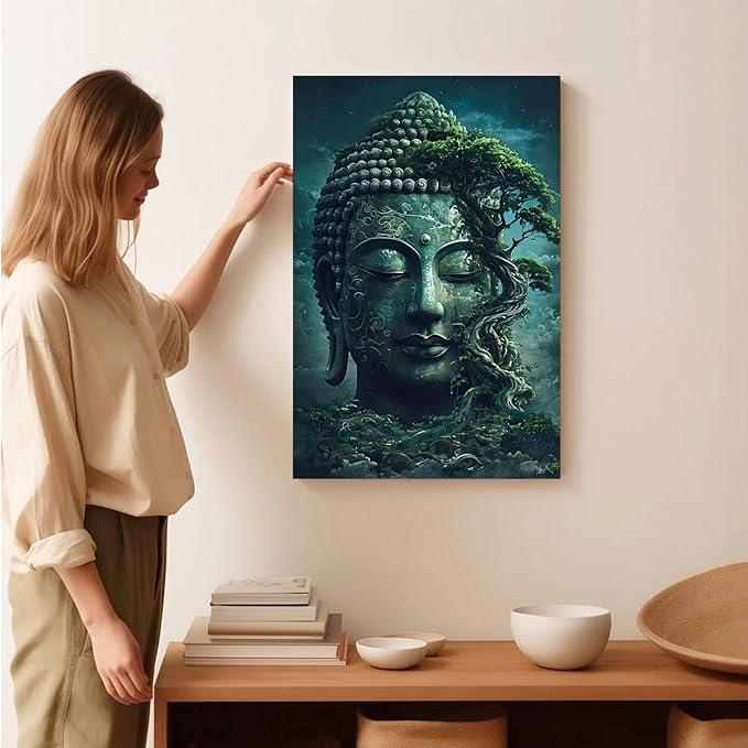 Buddha statue wall art canvas wall decor aesthetic picture mystical nature art for tranquil home and spiritual space 28x40in Frameless