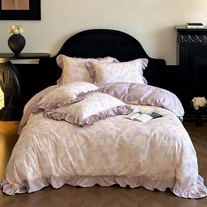 HighBuy Ruffle Duvet Cover Full Size,Farmhouse Purple Floral Brushed Cotton Durable Bedding Comforter Cover with 2 Ruffle Lace Pillowcases,Chic Cottagecore Natural French Style,Full