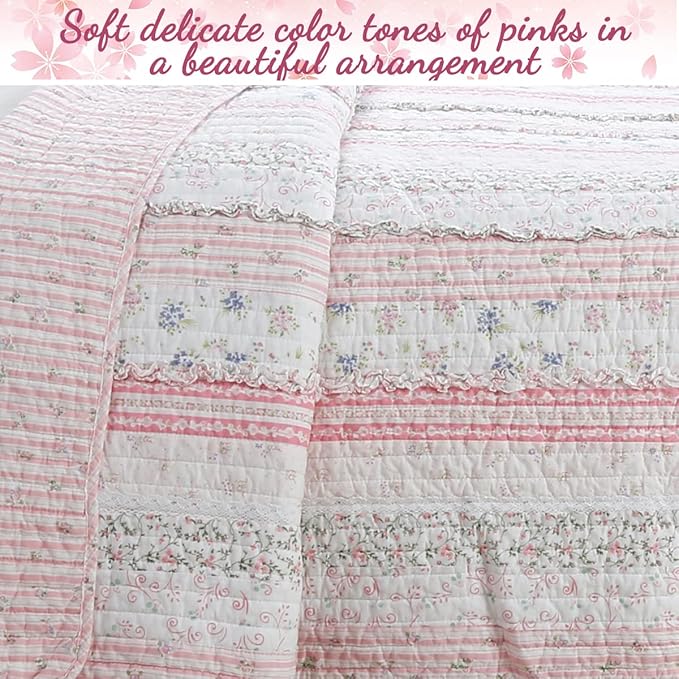 Cozy Line Home Fashions Pink Flower Lace Ruffle Stripe Shabby Chic Girl 100% Cotton Reversible Quilt Bedding Set, Coverlet, Bedspread (Pink Lace, King - 3 Piece: 1 Quilt + 2 Shams)