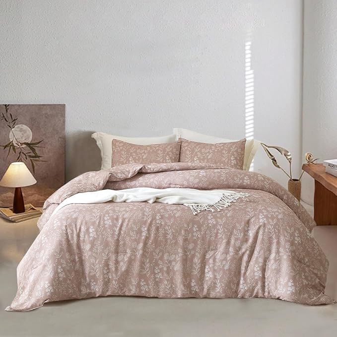 EAVD Vintage Style Garden Floral Duvet Cover Full Dust Pink Soft Cotton Chic Shabby Cute Floral Bedding Set with 2 Pillowcases Fresh Reversible Botanical Duvet Cover with Zipper Closure
