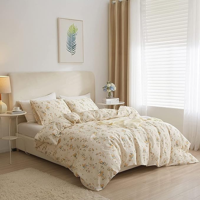 LifeTB Bed Linen Set, Queen Botanical Floral Duvet Cover Set with 2 Pillowcases, 100% Cotton, Zipper Closure, 90x90in