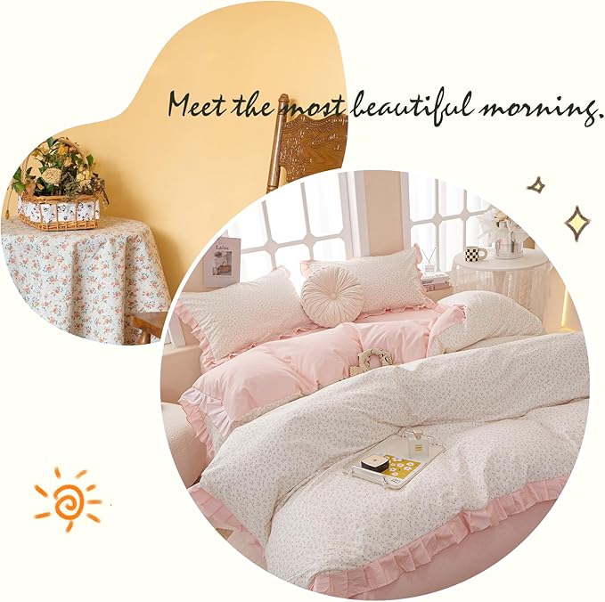 Pink Floral Duvet Cover Full 100% Cotton Ruffle Duvet Cover Girls Princess Lace Bedding Set Botanical Flower Comforter Cover with Zipper Closure Vintage Country Bedding Cottagecore Duvet Cover Set