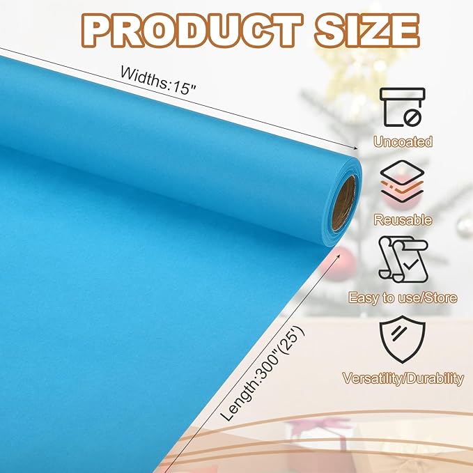 PATIKIL Wrapping Paper, 15" x 300"(25') 70 GSM Craft Paper Roll Kraft Packing Paper for Poster Bulletin Board, Gift Wrapping, Light Blue