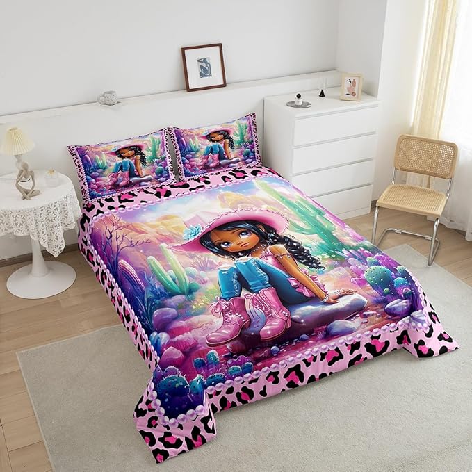Western Cowgirl Full Size Comforter Set,Reversible Cute Girl Cactus American Style Bedding Comforters Bedroom Collection,African Pink Leopard Print Plaid Black Bedding Set for Girls Teens