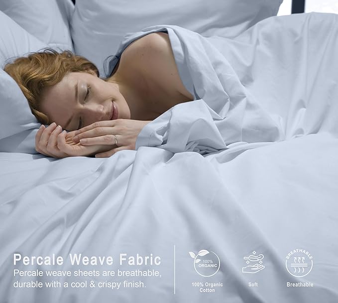 RUVANTI 100% Organic Cotton Sheets Twin Size, Percale Weave, GOTS Certified, 3-Piece Set, Deep Pocket 15", Crisp & Breathable, Soft Durable Bedding, Sábanas Algodón Orgánico – Arctic Ice