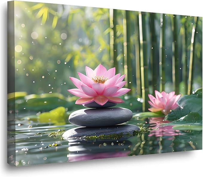 Ethereal pink lotus on obsidian Sunlit bamboo forest with sparkling water drops Poetic nature inspired wall art for tranquil homes and mindful spaces 16x24in Wood Framed