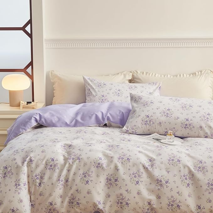 EAVD Garden Purple Floral Duvet Cover Twin Girls Soft 100% Cotton Chic Shabby Lavender Floral Bedding Set with 2 Pillowcases Vintage Botanical Duvet Cover with Zipper Closure
