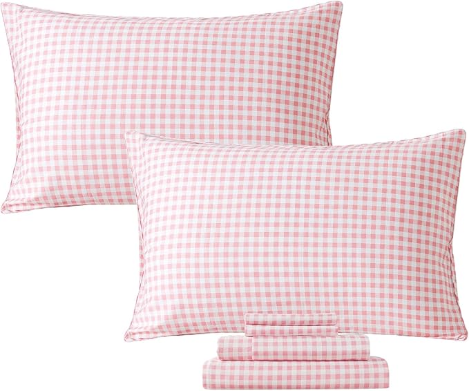 FADFAY Pink Plaid Twin Extro Long Size Sheets 100% Cotton Geometric Checker Bedding Teens Grid White Gingham Pattern College Bedding Deep Pocket Sheets with 2 Pillowcases Ultra Soft 4pcs, Twin XL Size