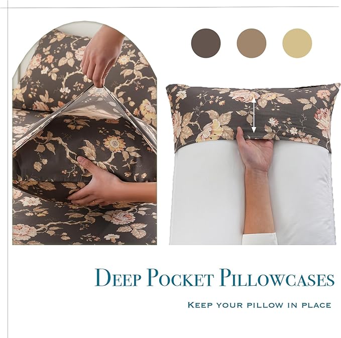 Zusbest Dark Brown Floral Bed Sheets Set - Queen Size Percale Cotton Shabby Rustic Peony Flower Print Bed Sheets - Soft Breathable Mocha Classic Vintage Bedding 4 Pcs Deep Pocket Flower Bed Sheets