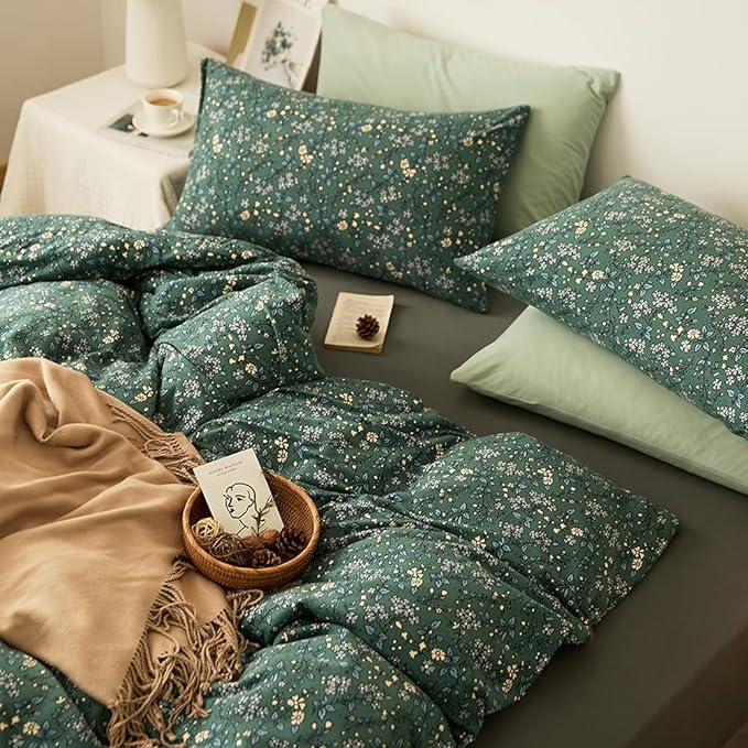 LifeTB Jersey Knit Cotton Duvet Cover Twin Green Floral Bedding Sets 100% T Shirt Cotton Botanical Bedding Garden Chic Knit Cotton Comforter Cover Vintage Floral Duvet Cover