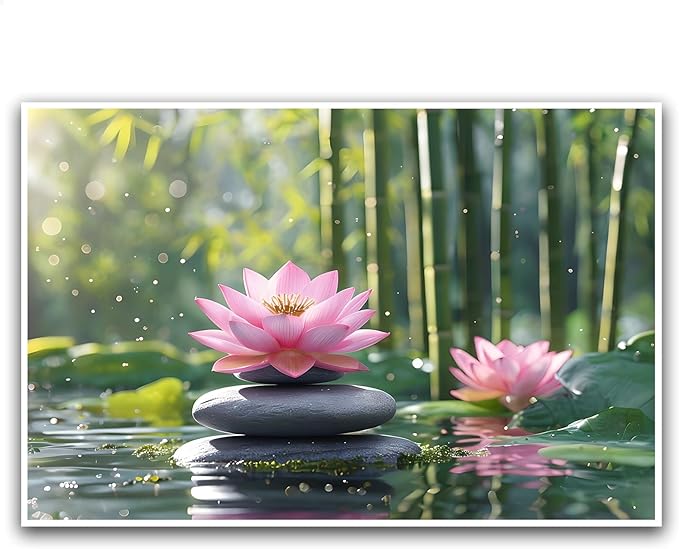 Ethereal pink lotus on obsidian Sunlit bamboo forest with sparkling water drops Poetic nature inspired wall art for tranquil homes and mindful spaces 16x24in Frameless