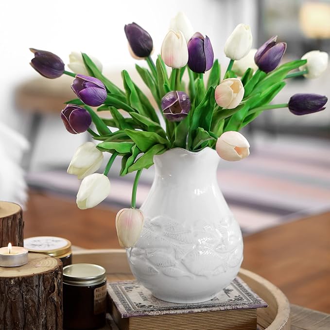 FiveSeasonStuff Real Touch Tulips Artificial Flowers – 15 Stems Faux Tulip Bouquet in Gift Box for Wedding, Home Decor, Party, Floral Arrangements (Sweet Plum Purple)
