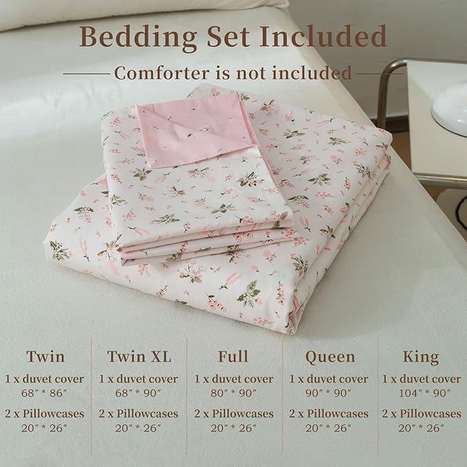 EAVD Vintage Style Pink Floral Duvet Cover Twin XL 100% Cotton Girls White Pink Botanical Bedding Set with 2 Pillowcases Chic Shabby Garden Botanical Floral Twin XL Duvet Cover with Zipper Closure