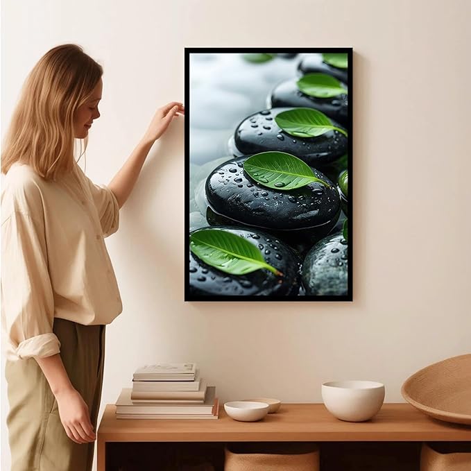 Glittering black stone cluster with fresh green leaves and water drops poster tranquil mist rain wall art zen wall art suitable for modern minimalist home decor 12x18in Metal blackFramed