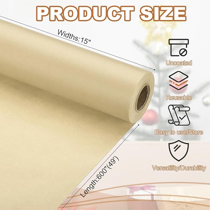 PATIKIL Wrapping Paper, 15" x 600"(49') 70 GSM Craft Paper Roll Kraft Packing Paper for Poster Bulletin Board, Gift Wrapping, Brown
