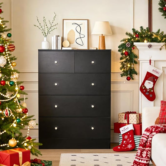 Karl home Black 5 Drawer Dresser for Bedroom, Tall Dresser Chest of Drawers, Rustic Wood Bedroom Dressers Clothes Organizer, Anti-Tipping Device, Rose Gold Metal Handle, Living Room, Entryway, Office