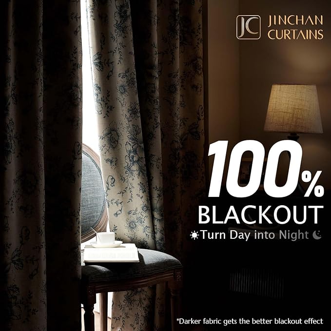 jinchan Blackout Linen Blend Curtain Floral Blackout Curtains for Living Room 84 Inch Length Blue Printed with Lined Blackout Curtain for Bedroom Farmhouse Curtains Set 2 Panels