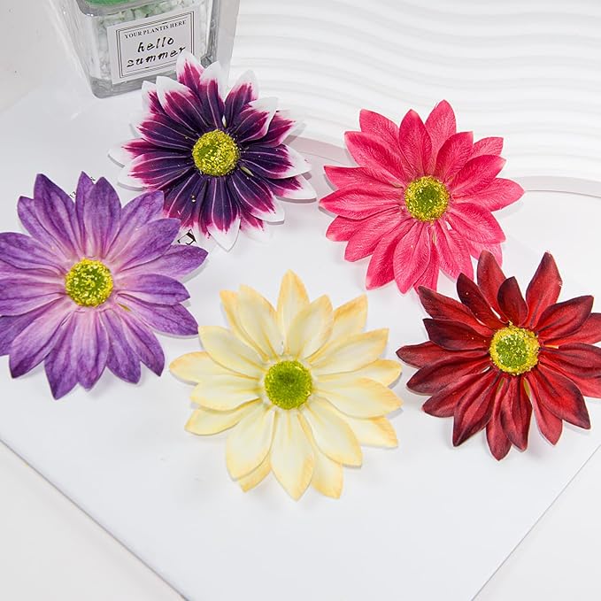 Daisy Silk Flower Heads, 12 Pcs Artificial Daisy Flower Heads, 3.5 Inch Wine Red Floral Heads Fake Daisies for Decoration, DIY Craft, Vase, Flower Arrangement, Hats, Costume, Hair