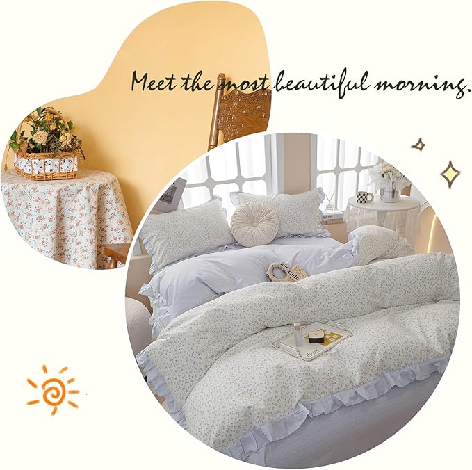 Garden Style Lace Duvet Cover Cute Blue Flower Print Ruffle Duvet Cover Twin Cotton Blue Striped Girls Floral Comforter Cover Lace Princess Bedding Set Vintage Floral Bedding Duvet Cover with Zipper
