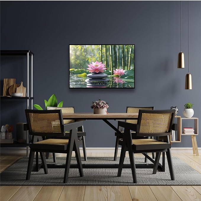Ethereal pink lotus on obsidian Sunlit bamboo forest with sparkling water drops Poetic nature inspired wall art for tranquil homes and mindful spaces 8x12in Metal blackFramed