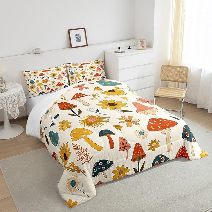 Castle Fairy Retro Mushroom Flowers Bedding Comforters Queen Size,70s 60s Groovy Comforter Set with 2 Pillowcases,Vintage Boho Plant Floral 3pcs Children Adult Duvet Set,Soft
