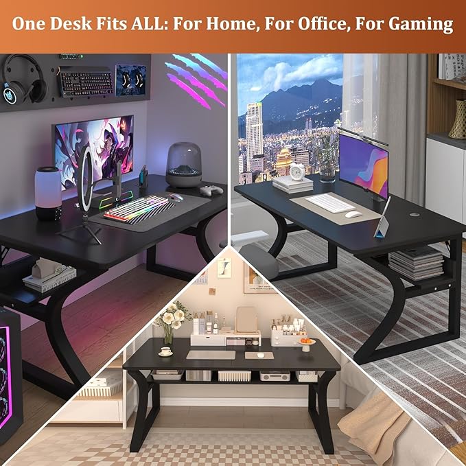 47 inch Computer Desk, Home Office Desk with Storage Shelf, Sturdy U-Shaped Metal Frame Study Table with Cable Management, Gaming Desk for Office & Bedroom (Black, 47 inch)