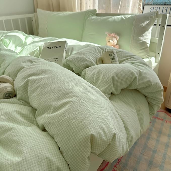 LifeTB Green Gingham Duvet Cover Queen 3 Pieces Romantic Lace Duvet Cover Soft Washed Microfiber Green Grid Plaid Comforter Cover with 2 Pillowcases Farmhouse Checkered Gingham Bedding Set