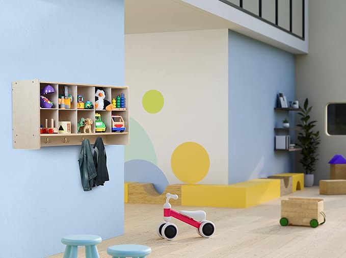 10 Section Montessori Cubby Wall Mounted Shelf with Purple Containers for Daycare Storage, Organizing Toys, School Art & Craft Supplies