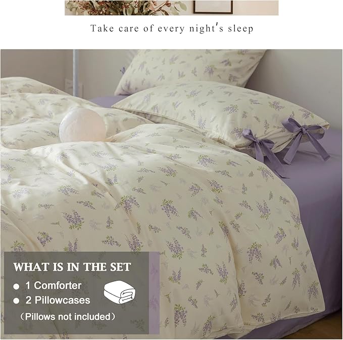 VM VOUGEMARKET Twin XL Comforter Set,Purple Flower Bedding Comforter Set Nature Shabby Botanical Style,1 Soft Comforter and 2 Pillow Shams for Girls (3pcs,Twin XL)