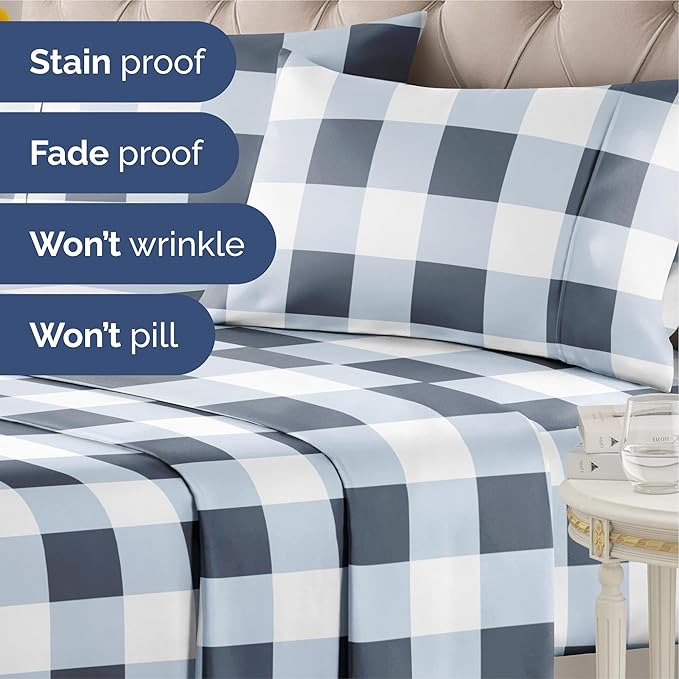 Blue Gingham Bed Sheet Set – 1 Flat & 1 Fitted Sheet & 2 Pillowcases w/ Deep Pockets – Grid, Plaid, Checkered Pattern Bedding - Wrinkle & Fade Resistant - Ultra-Soft, Breathable & Cooling - Queen Size