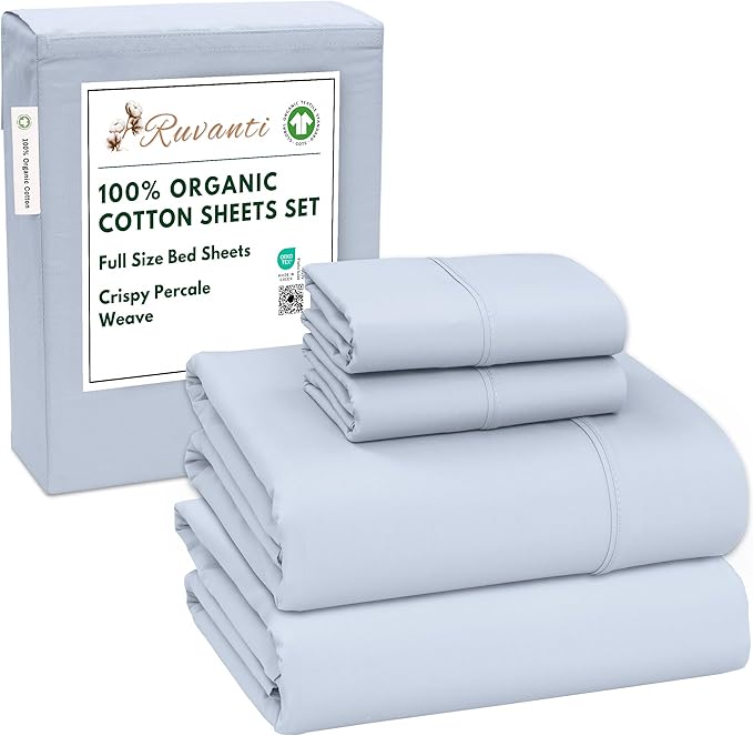 RUVANTI 100% Organic Cotton Sheets Full Size, Percale Weave, GOTS Certified, 4-Piece Set, Deep Pocket 15", Crisp & Breathable, Soft Durable Bedding, Sábanas Algodón Orgánico – Arctic Ice
