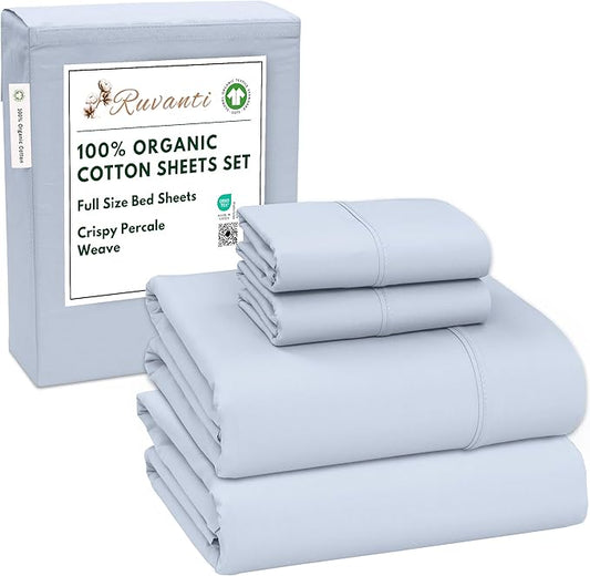 RUVANTI 100% Organic Cotton Sheets Full Size, Percale Weave, GOTS Certified, 4-Piece Set, Deep Pocket 15", Crisp & Breathable, Soft Durable Bedding, Sábanas Algodón Orgánico – Arctic Ice