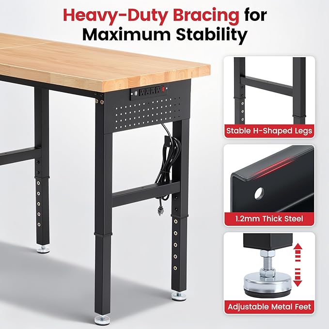 Work Bench 72 Inch Adjustable Height Workbench with Power Outlets & Extended Pegboard 5000 lbs Load Capacity Heavy Duty Work Table for Garage, Workshop, Home, Office