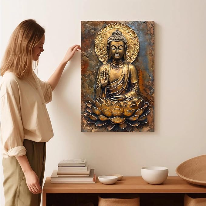 Buddha Wall Art Golden Buddha in Lotus Seat Serene spiritual statue radiant aura Meditation and mindfulness wall art suitable for sacred spaces 24x36in Frameless