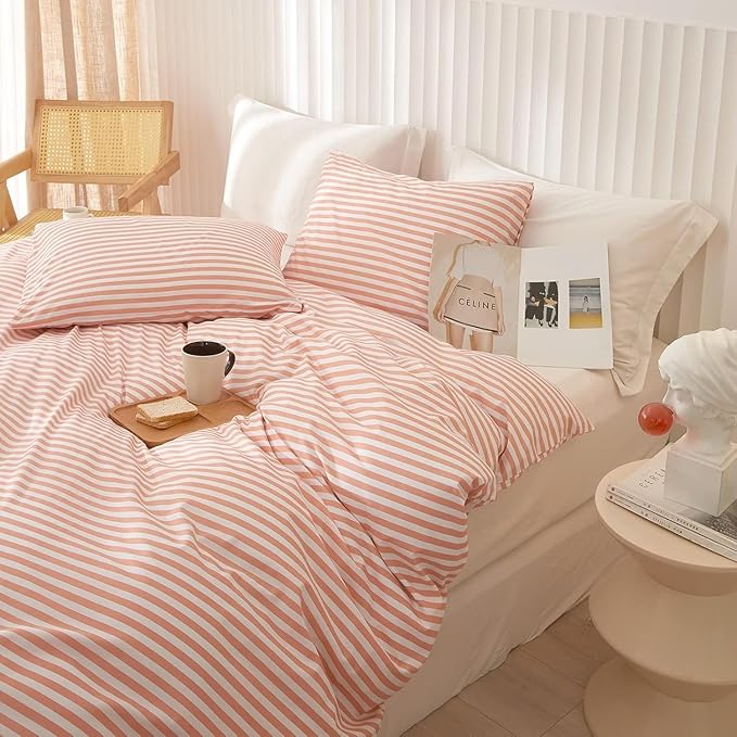 LifeTB Striped Comforter Set Twin XL Modern Style Pink White Stripes Pattern Comforter Set Fluffy Boho Comforter with 2 Pillowcases Teens Girls Cozy Dorm Bedding Twin XL Bed Comforter for All Season