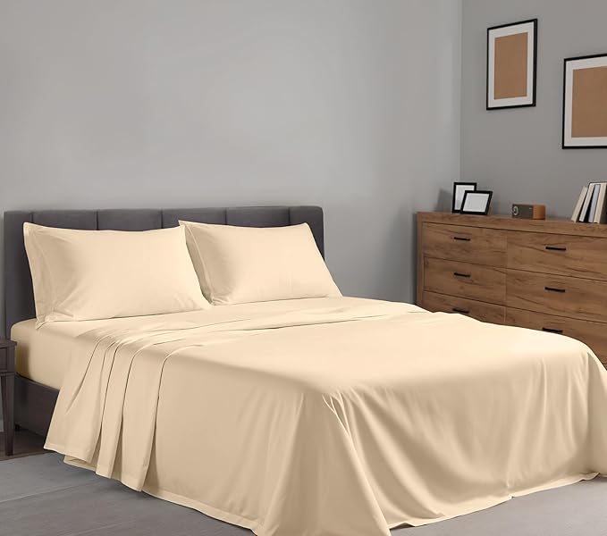RUVANTI 100% Cotton Full Size Bed Sheets, 4 Pieces, Soft & Breathable Percale Weave Bedding, Deep Pocket 16", Hotel Standard, Crisp Cool Feel, Durable, Perfect Sheet Set Dyed, Beige