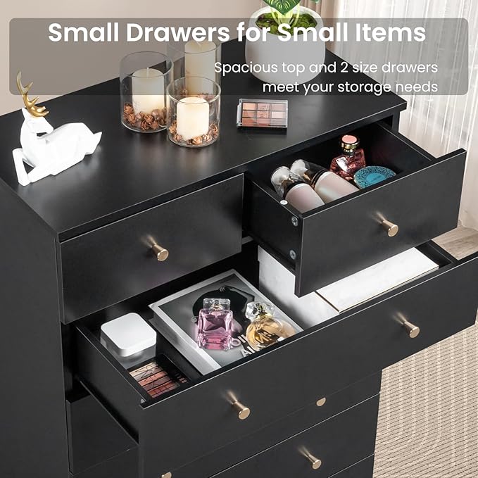 Karl home Black 6 Drawer Dresser for Bedroom, Tall Dresser Chest of Drawers, Wood Bedroom Dressers Clothes Organizer, Anti-Tipping Device, Rose Gold Metal Handle, Living Room, Entryway, Office