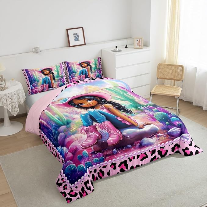 Western Cowgirl Comforter Set King Size,Reversible Cute Girl Cactus American Style Bedding Set All Season Quilt Set,African Pink Leopard Print Plaid Black Microfiber Polyester Down Comforter